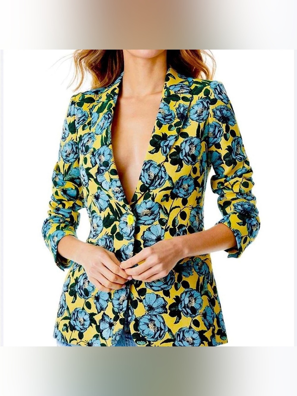 Alice + Olivia Yellow & Blue Floral Print Blazer Size 4